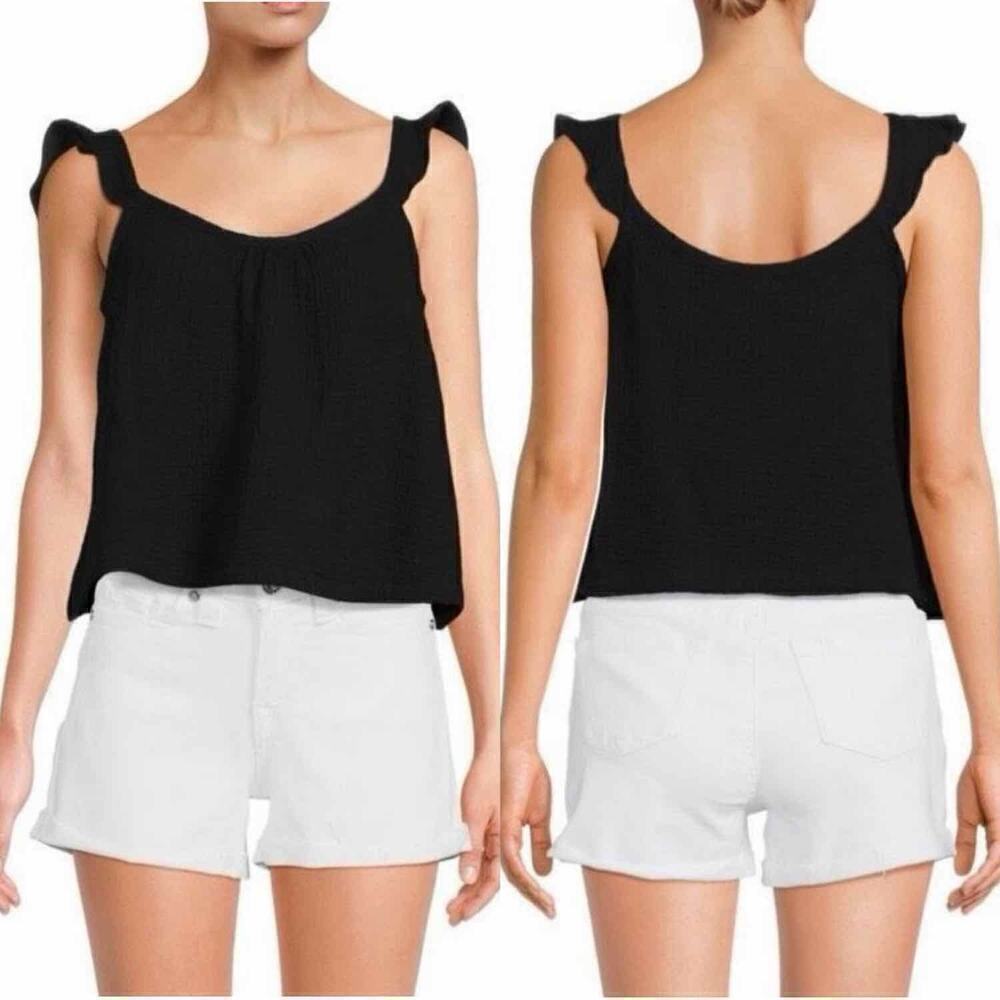 Marine Layer Jude 100% Cotton Black Casual Minimalist Flutter Sleeve Top Medium
